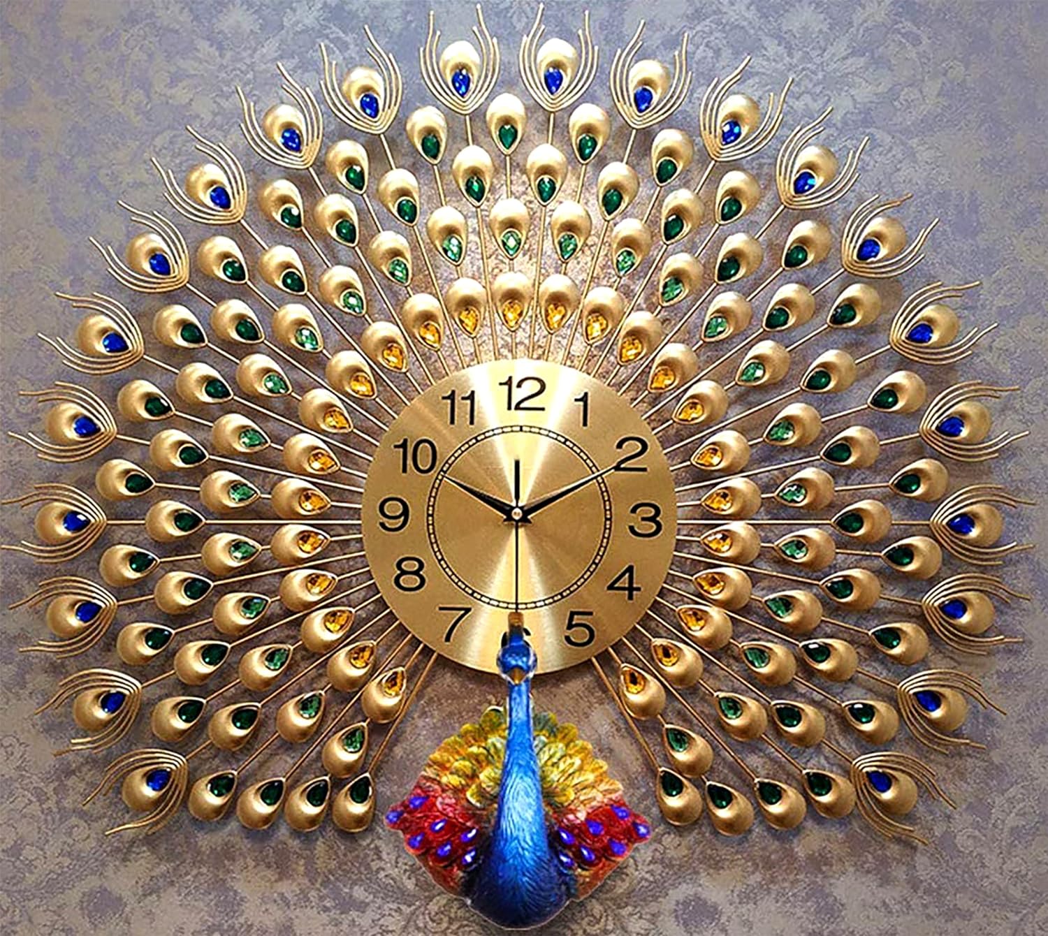 Peacock Wall Clock for Living Room Decor Gold Decoration Wall Clock for Bedroom Peacock Crystal Wall Watch for Home (Peacock Wall Clock Golden)